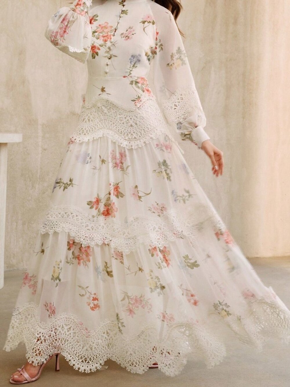 Apricot Elegant Women's Floral Print Lace Trim Long Sleeve Flared Hem Dress